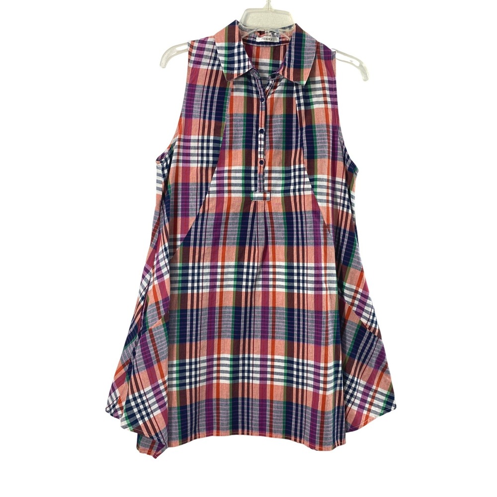 Esley Tunic Dress Womens Medium Red Blue Plaid Sleeveless Sharkbite Hem Casual